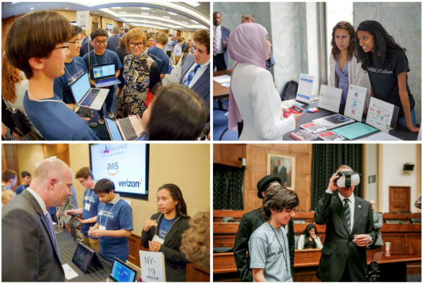 Students demonstrating their winning Congressional App Challenge apps to Members of Congress at #HouseOfCode